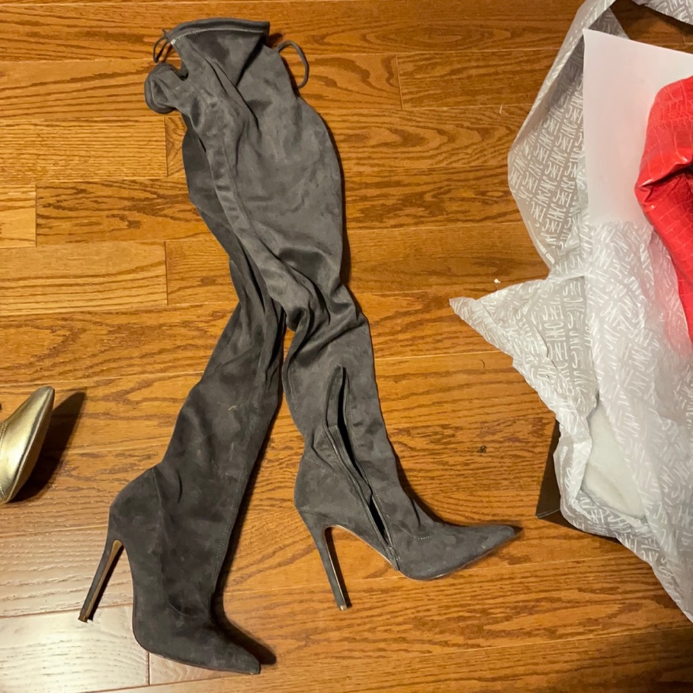 Thigh high grey boots